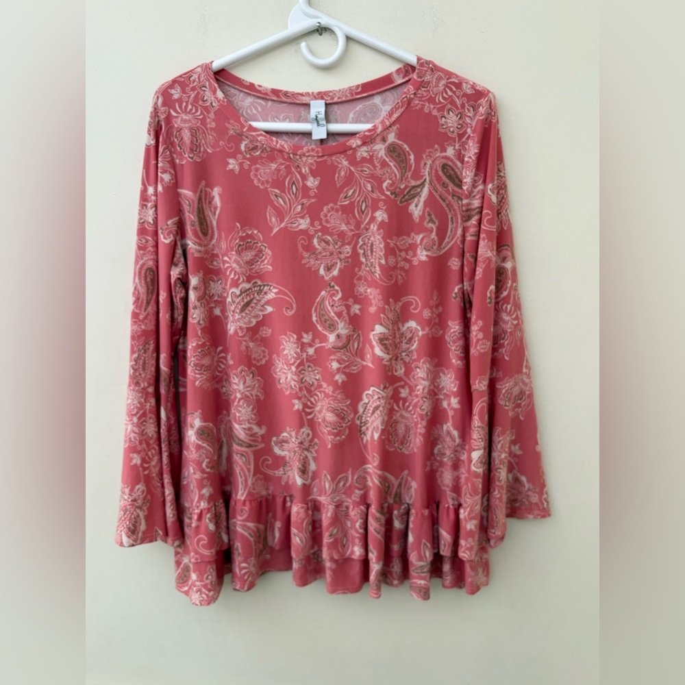 Hayzel Women's Pink Beige Paisley Long Sleeve Pullover Top Bell Sleeves Size XL